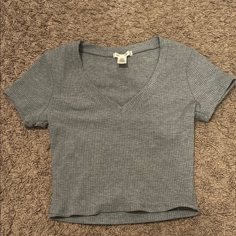 Gray V-Neck Ribbed Women's Top